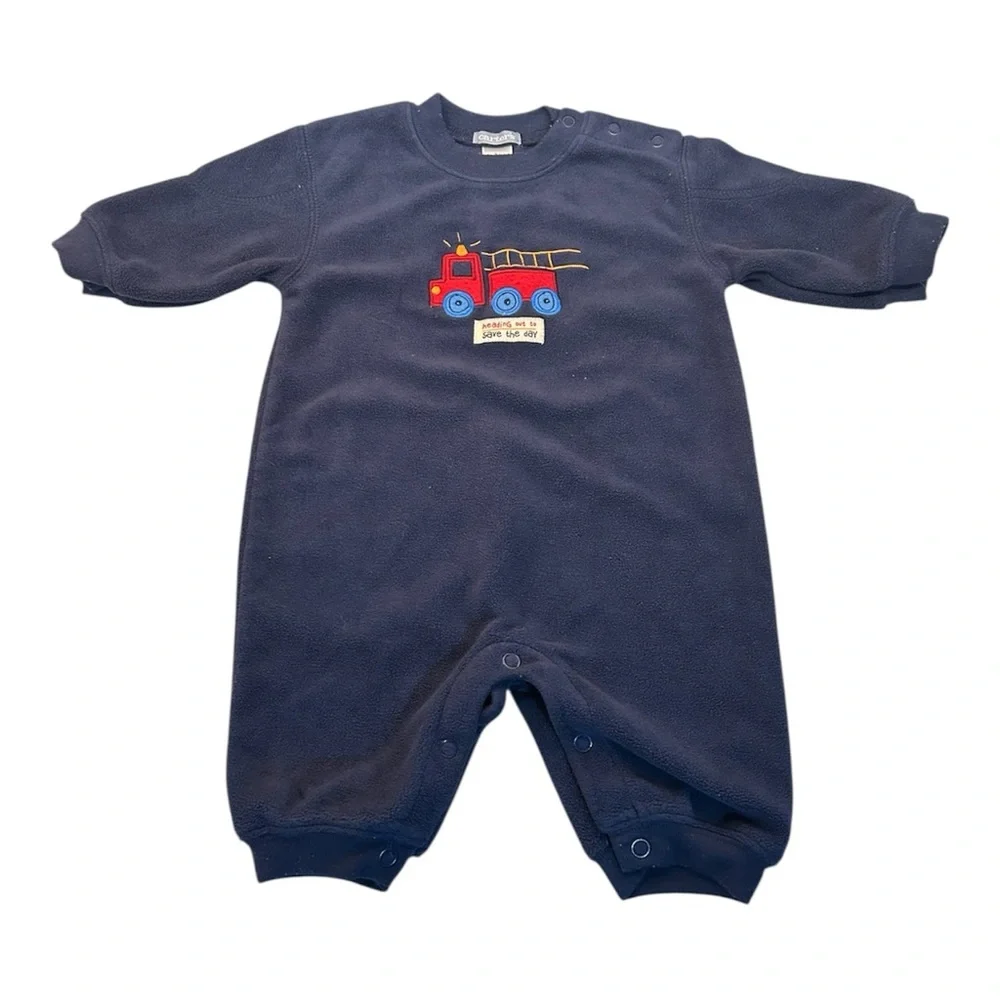 Vintage Carter's Baby Boy Navy Blue Fleece Firetruck Jumpsuit 3‎ Months